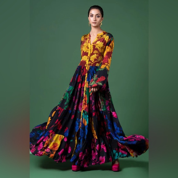 Anthropologie Siddhartha Bansal flower maxi long sleeve Print  Dress size xs - Picture 2 of 9